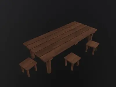 Wooden Tavern Table and Chairs 3D Model Low-poly 3D model