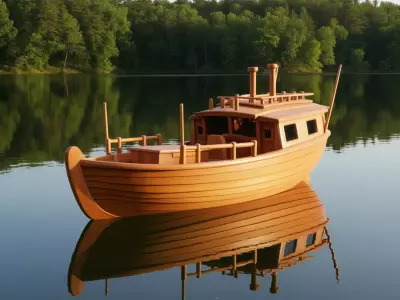 Wooden Fishing Boat 3D Classic Rowboat Cabin Railings Low-poly 3D model