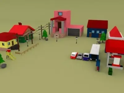 Low Poly Pack town with houses and cars Low-poly 3D model