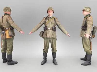 German Wehrmacht soldier in full gear ready for animation 383 Low-poly 3D model