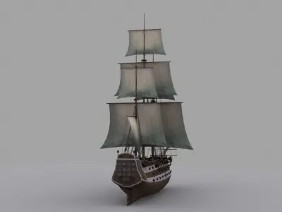 Frigate sailing ship Low-poly 3D model