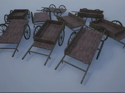 Lowpoly Medieval Wooden Carts Low-poly 3D model