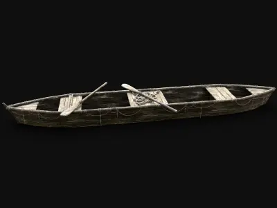 LONG BOAT ROWBOAT WOODEN FISHERMAN RIVER FISH LAKE CANOE SHIP Low-poly 3D model