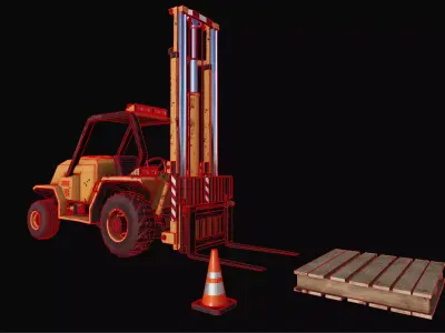 Industrial Forklift and Wood Pallet-Traffic Cone Bundle 3D model