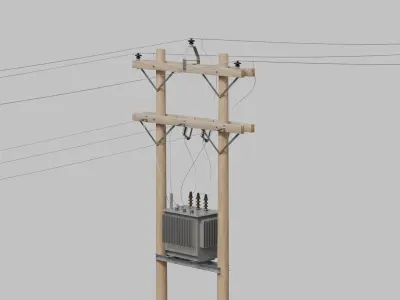 Utility Pole - Wooden H-Frame with Transformer 3D model