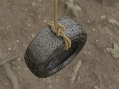 Old tree hanging car tire swing Low-poly 3D model