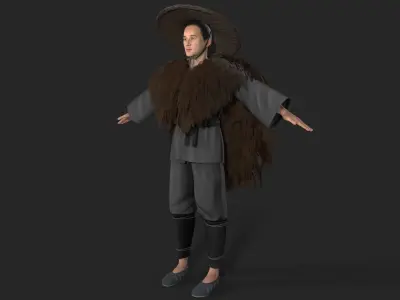 fisherman woman with long hair and hat 3D model