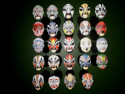 24 Oriental Chinese Opera Mask Pack Kabuki Collection Theatre Low-poly 3D model