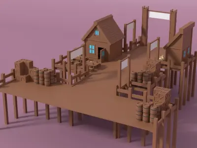 Cartoon Medieval Port and Props Low-poly 3D model