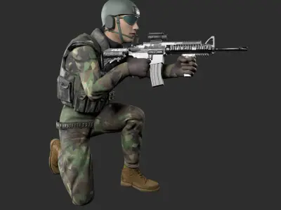 Soldier in camouflage holding rifle Low-poly 3D model