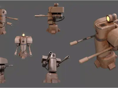 Stylized Gun Turret Equipped With Searchlight Low-poly 3D model