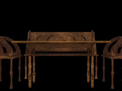 Wooden Table Chairs Tableware Free 3D model