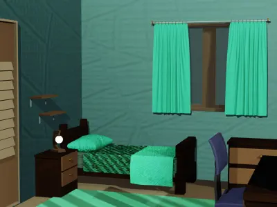 3D Model of a Cartoon-Style Youth Room with Wooden Furniture Free low-poly 3D model