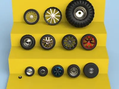 Tire collection set of wheels on shelf 3D model