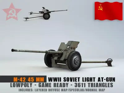 Low Poly 45 mm anti-tank gun M-42 Low-poly 3D model