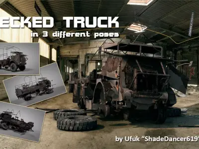 Wrecked truck model in 3 different poses 3D model