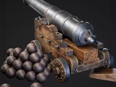 Cannon with balls Low-poly 3D model