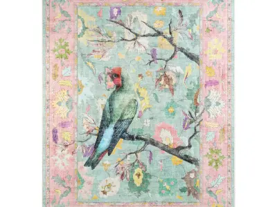 Apollo Botanical Birds Ushak Tropical Green Multi Color Rug Low-poly 3D model