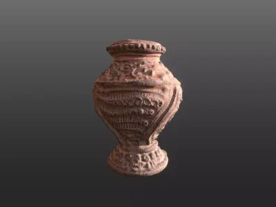 Antique Terracotta Pot with sculpted flowers mandala details 3D model