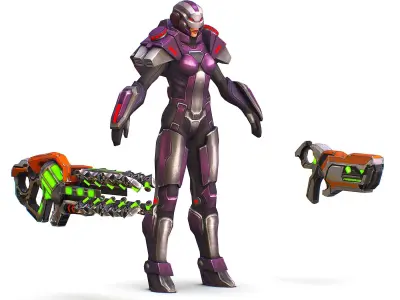 Woman Cyborg Machine Gun with Rifle and Pistol Low-poly 3D model