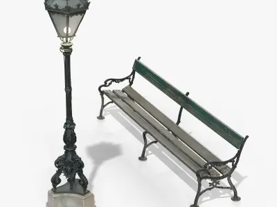 Old Imperial Street Lamp and Park Bench from Austrian Palace Low-poly 3D model