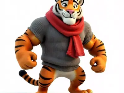 Cartoon Tiger Winter Hero 3D Model Muscular Character Low-poly 3D model