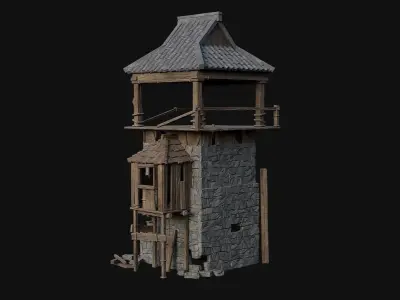 DESTROYED RUINED JAPANESE TOWER WATCHTOWER WALLS COLLECTION AAA Low-poly 3D model