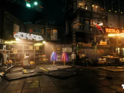 Cyberpunk Rooftop Market Environment Low-poly 3D model