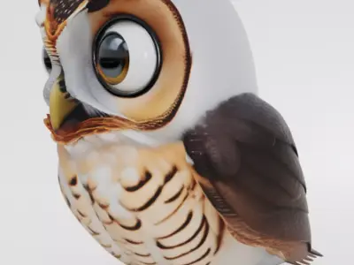 Cute Cartoon Owl 3D Fluffy Bird Big Eyes Feathered Wings Low-poly 3D model