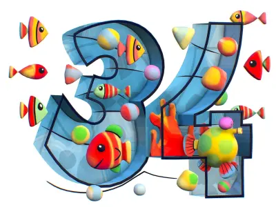 Cartoon 3D illustration Number 3 4 Fish Low-poly 3D model