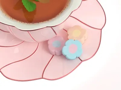 Mint Tea in Pink Porcelain Cup with Marshmallows 3D model