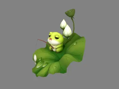 Cartoon Frog fishing on lotus leaf Low-poly 3D model