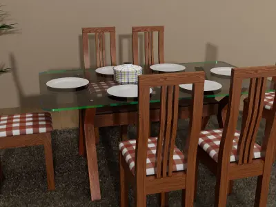 Modern Wooden Dining Table Set Low-poly 3D model