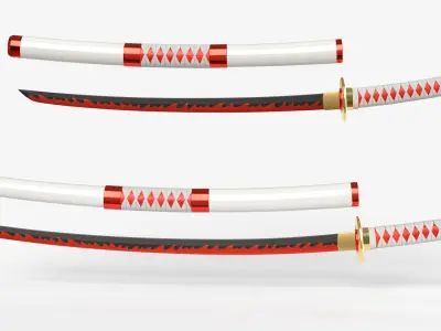 White Double Bladed Katana Wakizashi and Stand 3D model
