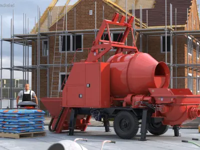 Worker with Cement and Concrete Mixer Pump 3D model