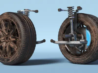 Dirty Front Car Wheel with Suspension 3D model