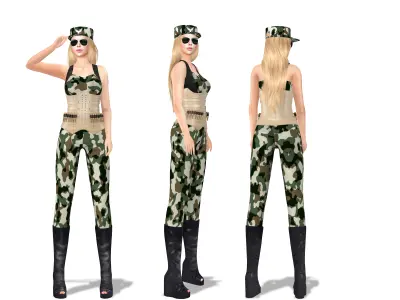 Female Military Camouflage Bodysuit Vest Boots Hat Outfit Low-poly 3D model