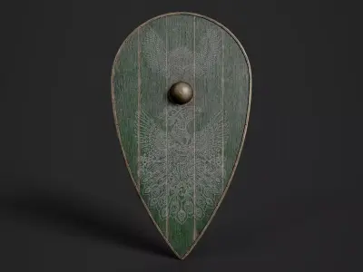 Slavic kite wooden shield-painted green with birds symbol Low-poly 3D model