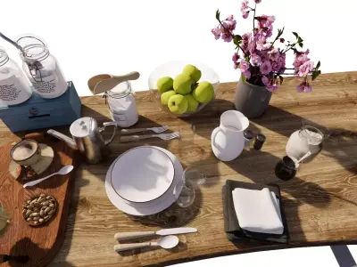 3D set furniture Rustic Breakfast Table Low-poly 3D model