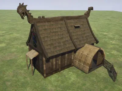 Viking House with Thatch Shack with interior and wooden fence Low-poly 3D model