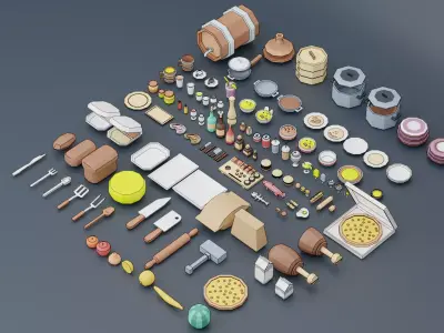 A set of products drinks kitchen utensils Low-poly 3D model
