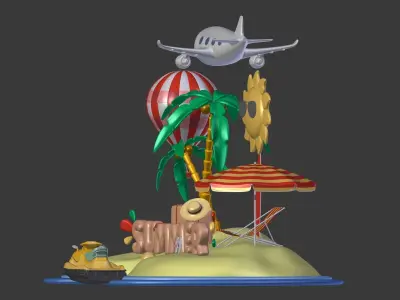 Cartoon Summer Collection - Beach Parasol Beach Jetski Plane Low-poly 3D model