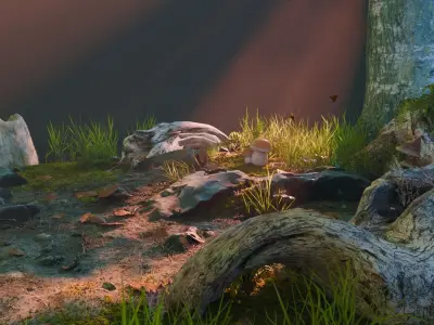 Ecosystem low scale plant Grass and animals 3D model