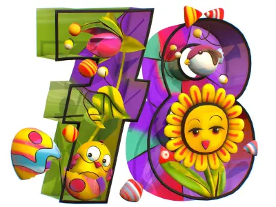 Cartoon 3D illustration Number 7 8 Bird Flower Low-poly 3D model