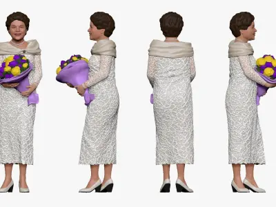 001268 smiling old woman in white dress and flowers 3D model