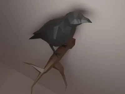 Crow low poly 3d model raven on branch 3D model