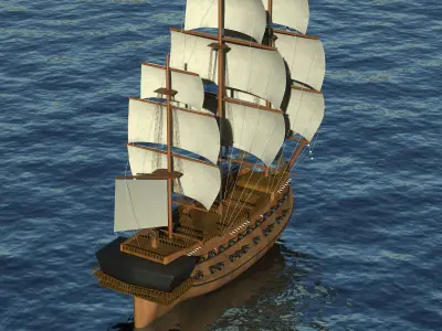 Battleship wooden sailing ship floating in ocean 3D model