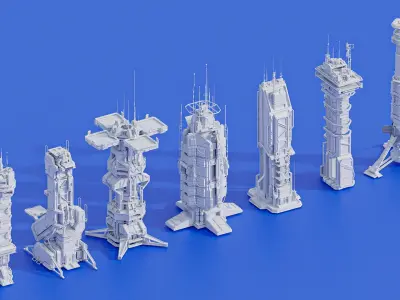 Scifi Futuristic Military buildings PACK Low-poly 3D model