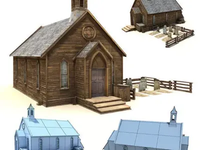Low Poly Wild West Church Low-poly 3D model