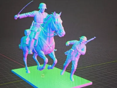German Cavalry Attack Scene Dynamic Mounted Soldier 3D print model